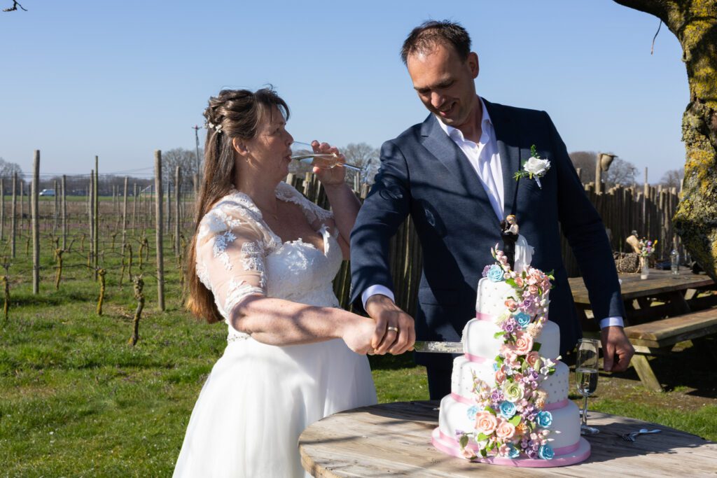 Bruidspaar snijdt de bruidstaart aan bij Wijngaard Telgt in Ermelo - Forever and more